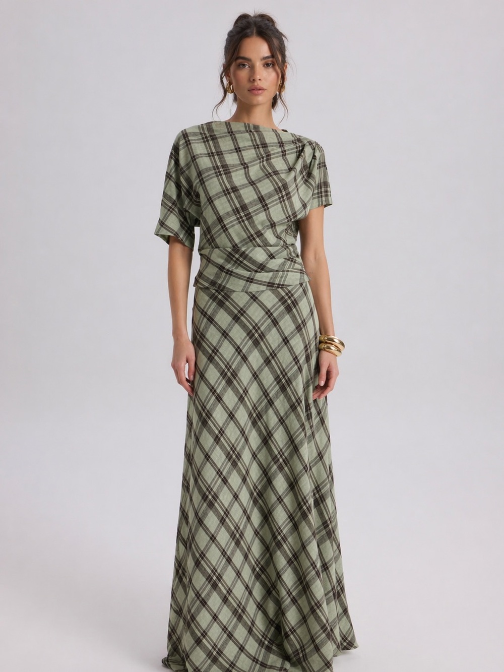 Plaid Maxi Skirt & Draped Top Matching Set – Sage Green Brown Check